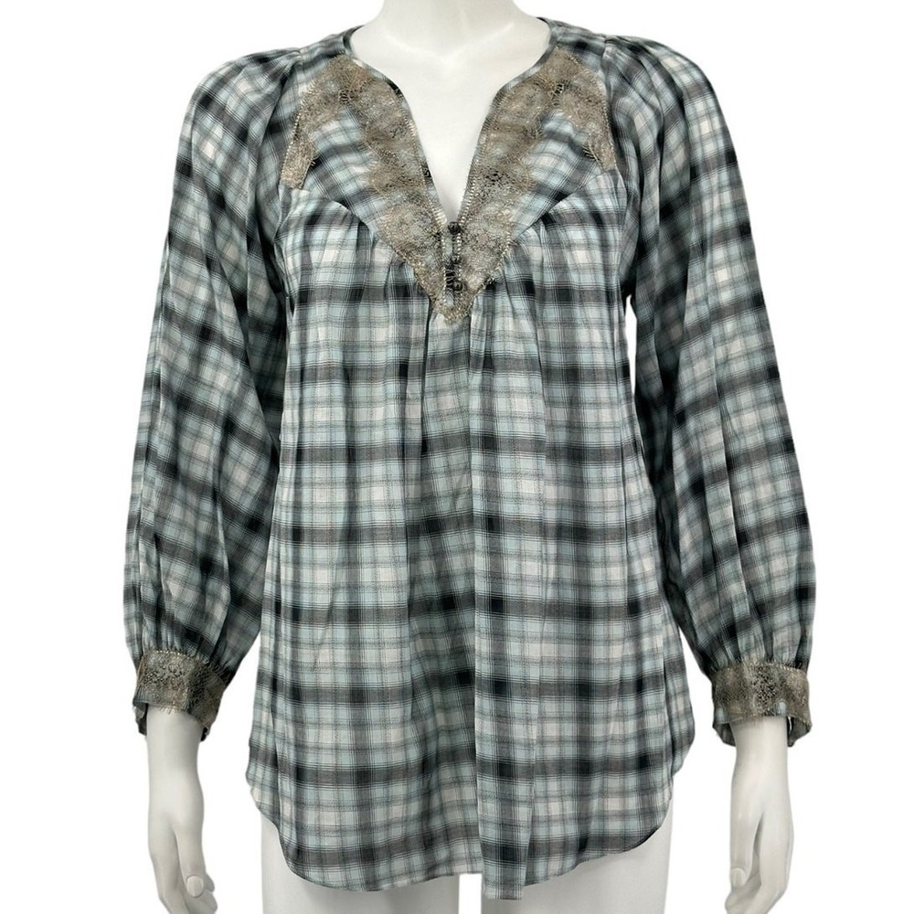 Rebecca Taylor Top Womens 2 Blue Plaid Lace Trim Boho Peasant Feminine Country